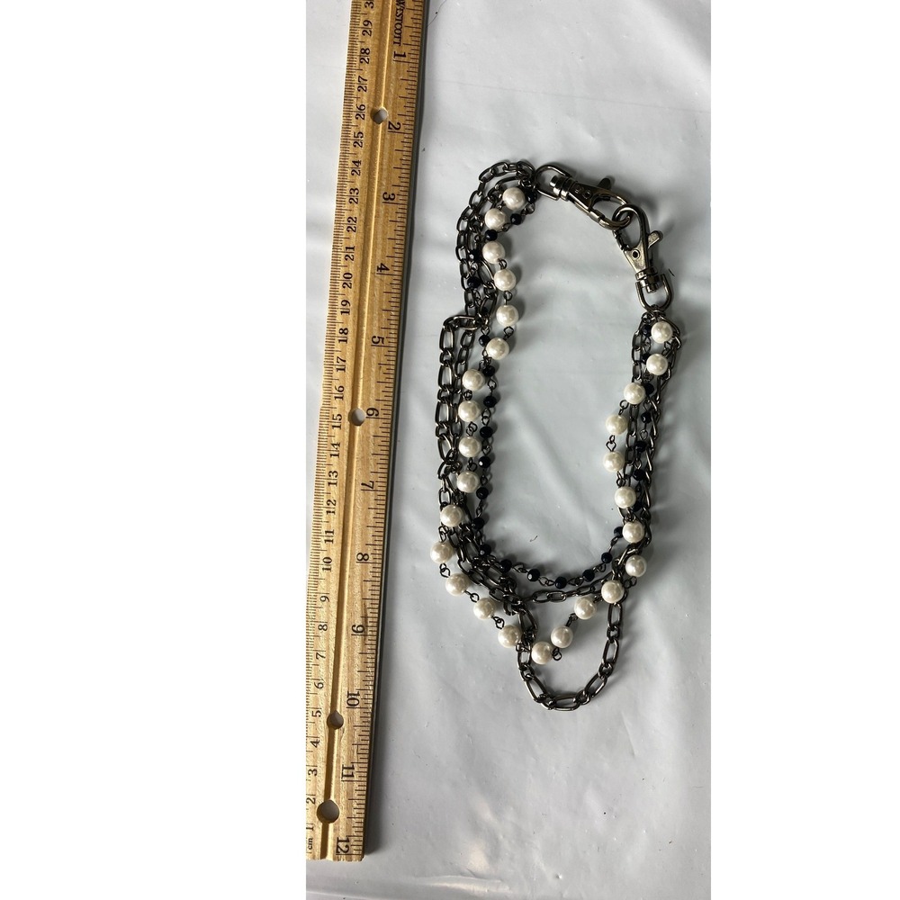 Multi-Strand Faux Pearl Beaded Wallet Belt Chain Gunmetal Punk Goth Y2K 10 Inch